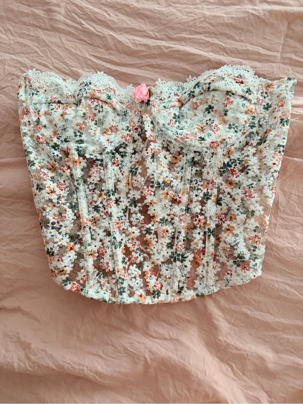 Floral Lace Bustier Corset Top - White with Pink & Green NWOT